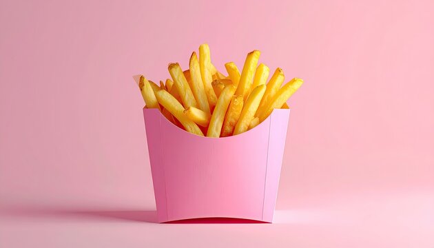 Golden french fries in a pink box sit against a smooth pink backdrop