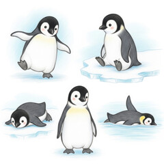 Obraz premium Cute penguins in various poses on ice and in water