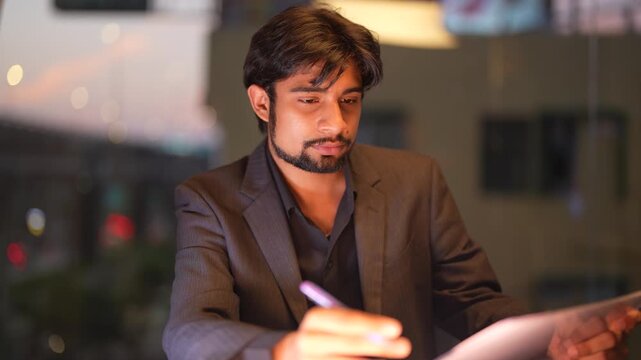 Assertive Indian software architect optimizing intricate network frameworks against a sparkling city nightscape while demonstrating professional expertise highlighting professional authority and...