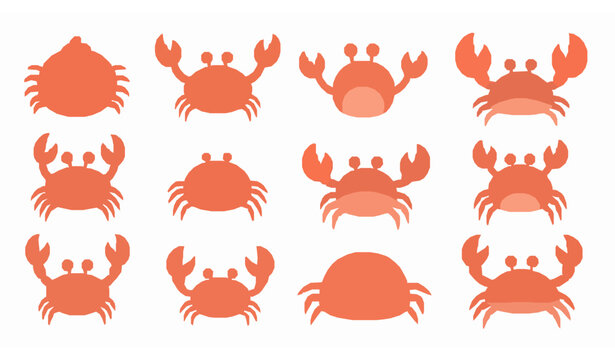 Cute Crab Character Icon Vector Set in Flat Cartoon Style for Ocean and Beach Theme Design