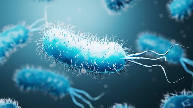 Close-up microscopic view of blue rod-shaped bacteria with flagella moving in fluid, science concept.