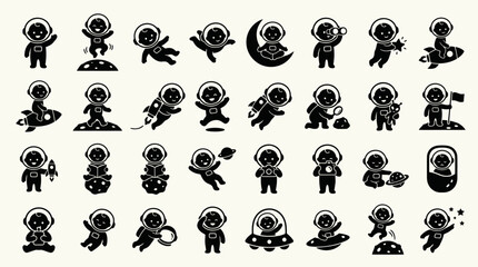 Fototapeta premium Cute Baby Astronaut Characters and Activities Set White Silhouette Icons