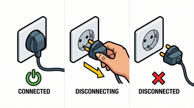 Vector concept of power connection steps: Connected, Disconnecting, and Disconnected with hand pulling the plug.