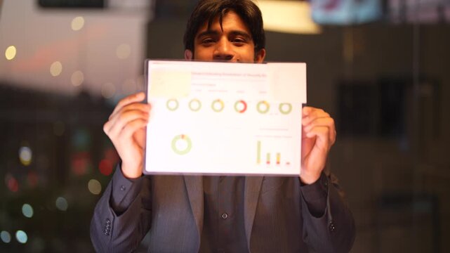 Skilled Indian technical consultant supervising cross border tech operations featuring a panoramic urban skyline at dusk displaying assertive leadership and expertise.