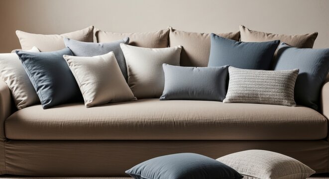 Plush oversized linen sofa with scattered scatter pillows in a modern living room setting