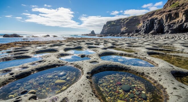 Sun-kissed volcanic rock beach pools with clear water and pebbles reflecting a bright blue sky