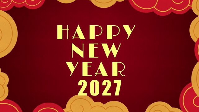 Happy new year 2027 celebration with traditional chinese gate and red background decorations
