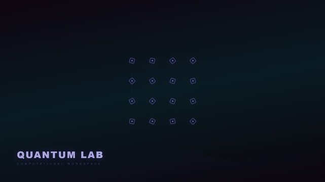 Abstract animation illustrating future workspace concepts with glowing quantum symbols forming a computational grid in a dark, high-tech environment for scientific research.