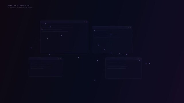 Visualizing Future workspace concepts with a sophisticated quantum operating system, displaying glowing network nodes and transparent digital windows in a minimalist dark environment.