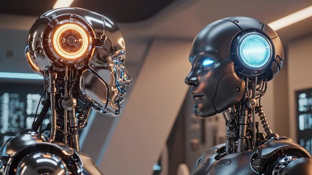 Two humanoid robots facing each other for tech concepts, digital marketing, and futuristic projects