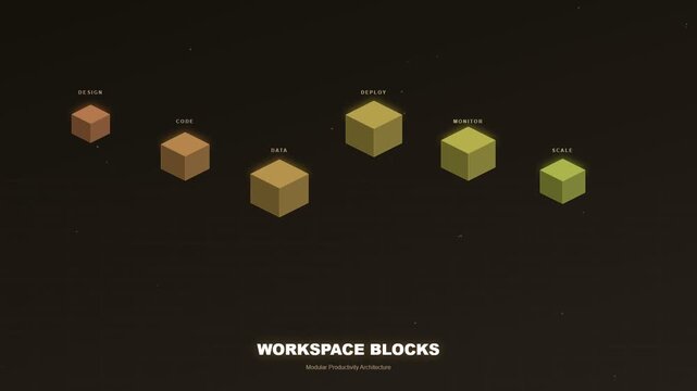 This visually striking animation explores future workspace concepts, presenting a streamlined journey through design, code, data, deploy, monitor, and scale.