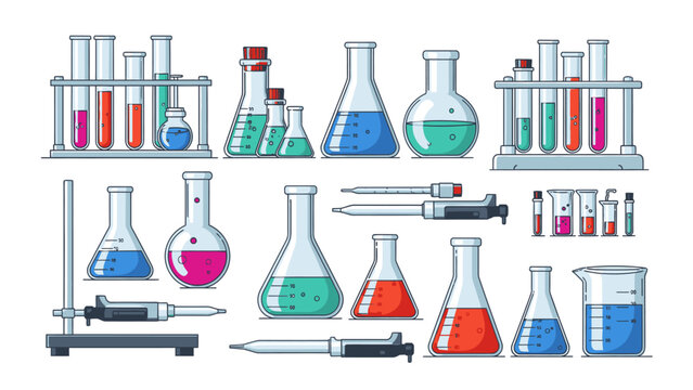 Colorful illustration of various laboratory equipment including beakers, flasks, test tubes, and pipettes on a clean white background.