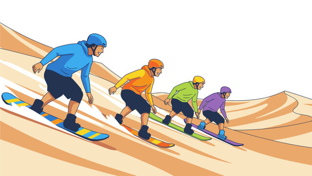 Illustration of four snowboarders in different colored outfits sliding down a sandy dune with a white background.