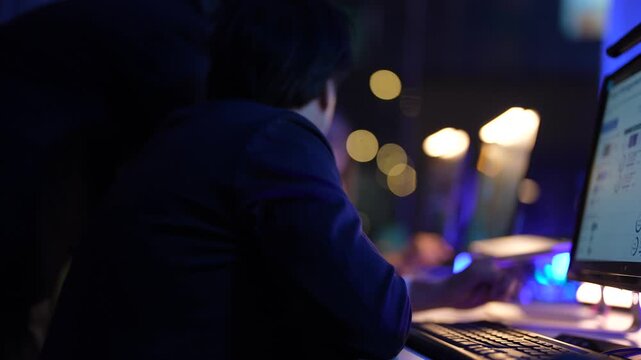 Poised cross functional specialists with diverse ethnic team members managing digital safeguard protocols and network security in a sophisticated dark workspace hub.