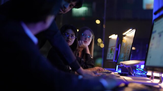 International multicultural experts showing professional colleagues from varied backgrounds managing digital safeguard protocols and network security within a state of the art command center.