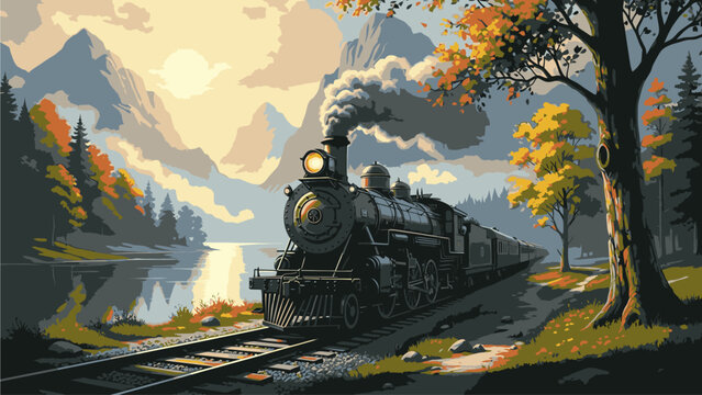 A vintage steam train traveling along a scenic lake shore track surrounded by autumn foliage and mountains under a cloudy sky.