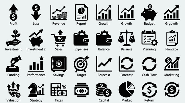 Corporate Finance Investment Strategy and Global Market Economy Icon Set