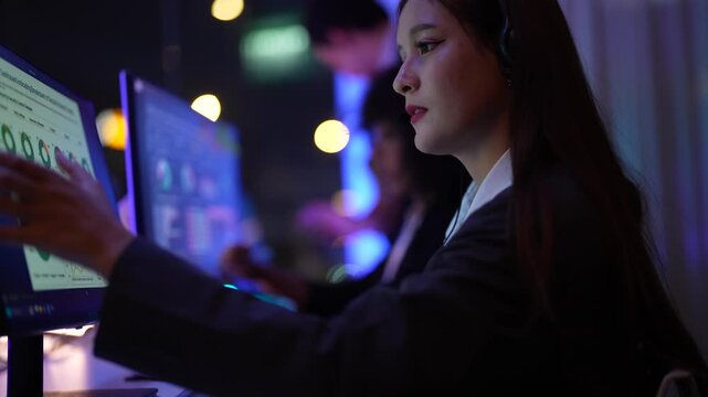Poised western woman tech consultant while supervising autonomous system performance and data logs inside a sophisticated dark workspace hub displaying professional dedication and smart expertise.