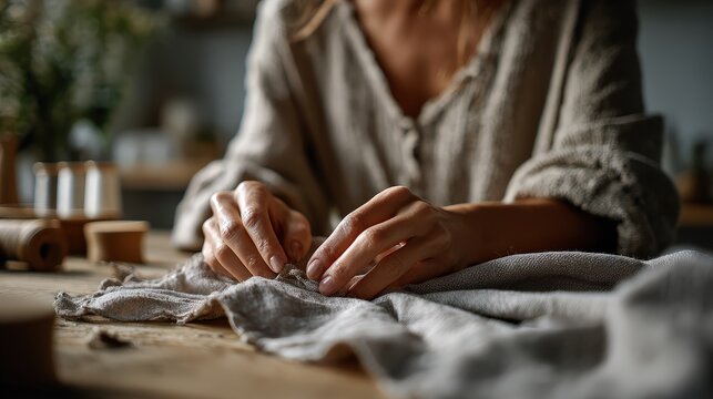 Artisans Repair Textiles. Artisans Expert At Stitching Linen Textiles With Precision And Care. Skilled Craftsmen Meticulously Repair Fabric By Hand Using Stitches In Cozy Workshop Setting