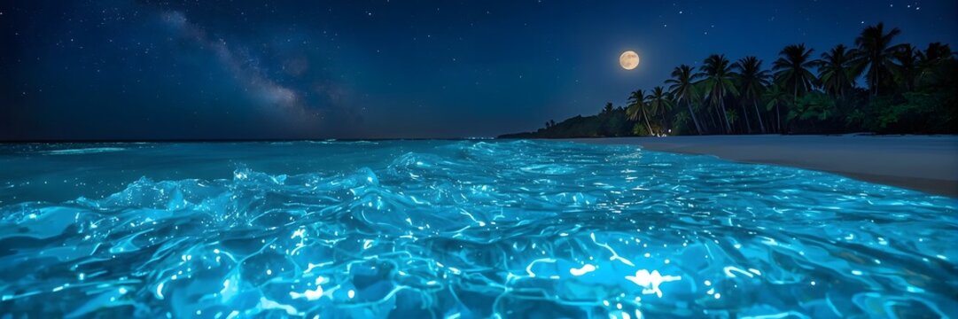 Bioluminescent Ocean Wave Crashing on a Tropical Beach at Night Under a Starry Sky