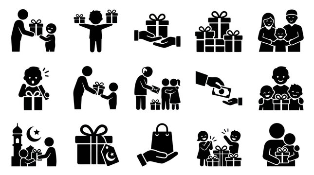 Giving and Receiving Gifts Celebration and Charity Icon Set Vector