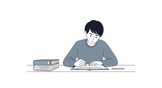 Young Asian man studying with books.