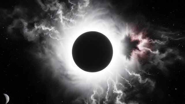 Solar eclipse with corona and moon for commercial backgrounds, digital design, and advertising