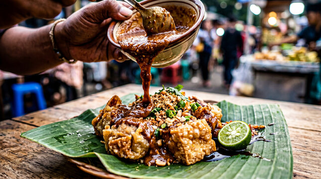 Macro peanut sauce drizzle over crispy batagor and tofu, authentic Bandung street food with premium texture and rustic presentation.