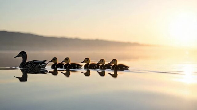 Mother Duck and Ducklings Swimming at Golden Hour on Calm Lake