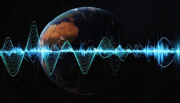 A globe with a vibrant sound wave emanating in front of it