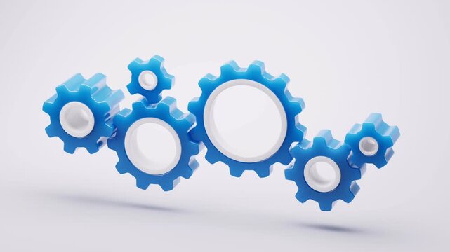 Abstract motion of blue and white rotating gears, representing teamwork and mechanical processes.