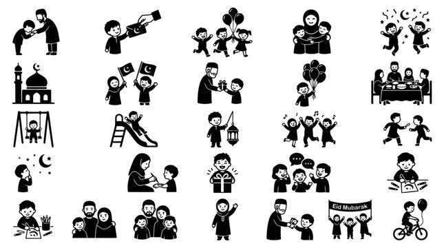 Muslim Family Eid Al Fitr Celebration Activity Black Icon Set