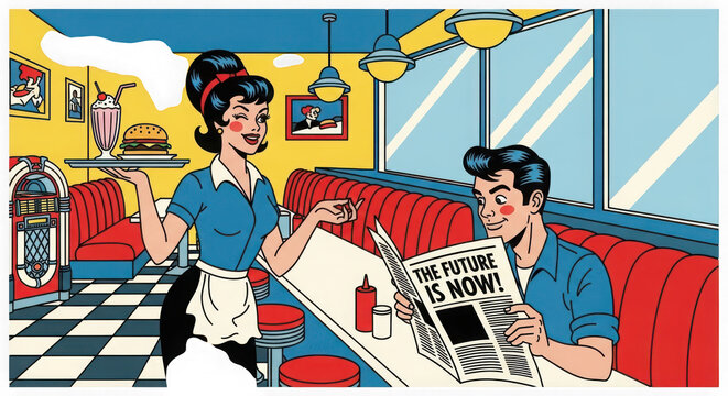 A cartoon illustration of a waitress serving a customer in a retro-style diner on transparent background