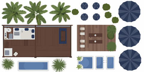 Top down view of a beachside resort with pools umbrellas and structures © Sudebi