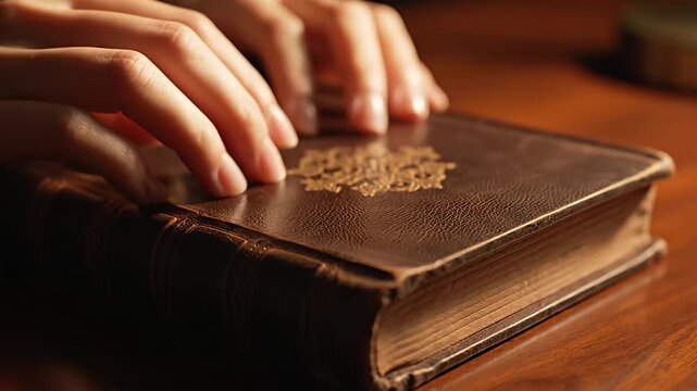 Hands touching old leather book on wooden table