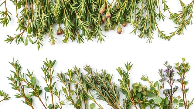 Fresh thyme herb border on white background