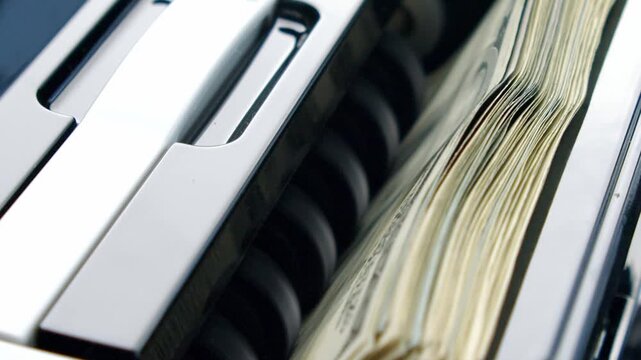 Bills fold neatly as hands work skillfully at a shiny machine. Warm sunlight filters in, creating a delightful moment in a bustling caf&eacute;