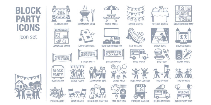 Americas Block Party Icon Set Block Permit Community Grill Lawn Cornhole Outdoor Projector Potluck String Lights Slip N Slide Sidewalk Chalk Lemonade Stand Vector
