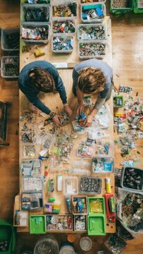 Two People Sorting Bricks at Workshop Table