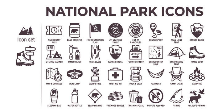 National Park Backcountry Icon Set Timed Entry Pass Bear Canister Fire Restriction LNT Leave No Trace Site Pad Water Filter Trail Blaze Ranger Badge Permit Lottery Vector