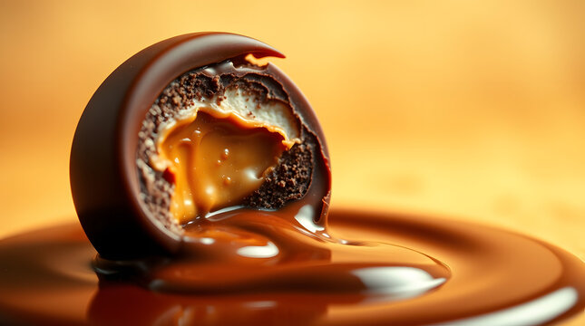 Glossy praline cross section layered caramel and cream