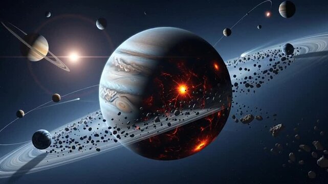exploding planet in galaxy with asteroids and stars