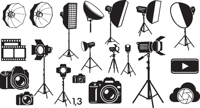 Collection of photography equipment and lighting tools for professionals