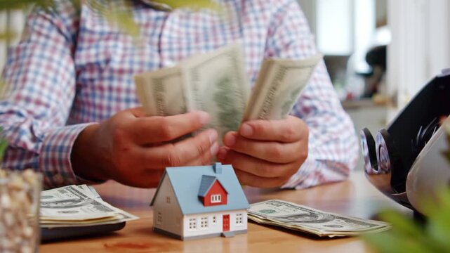 Hands skillfully count crisp bills while a tiny house stands nearby, reflecting on dreams of homeownership in a lively office environment
