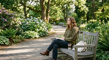 Obraz premium Thoughtful Young Woman Sitting on Wooden Bench in Lush Summer Garden