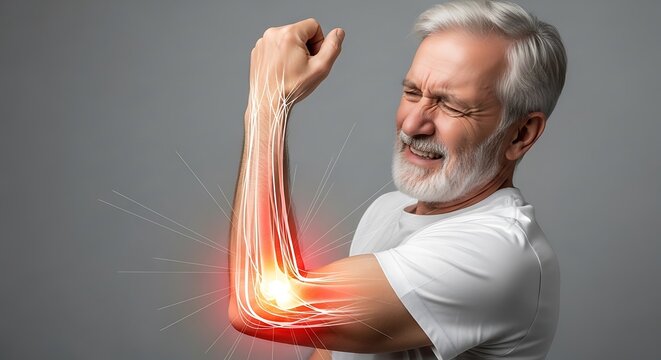 An elderly man grimaces in pain, highlighting an injured elbow with glowing lines