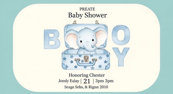 Baby shower invitation, blue with elephant in suitcase, text "BOY", honoring guest