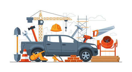 Fototapeta premium Construction Tools and Equipment with Pickup Truck Vector Illustration for Building and Renovation Concepts