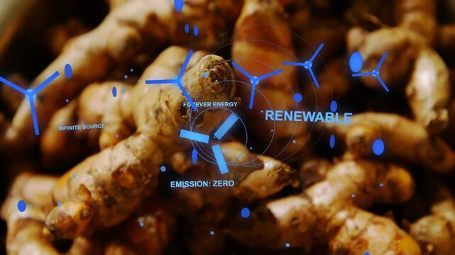 AR overlay appearing on turmeric roots, spinning turbine, drifting nodes highlighting RENEWABLE