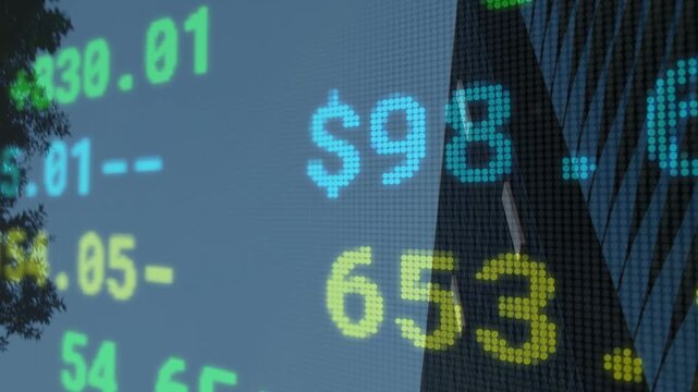 Digital ticker numerals updating and scrolling across urban scene, triggered by live market feed